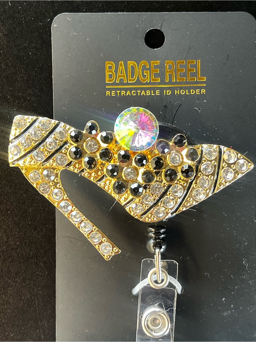 Gold Crystal High Heel Badge Reel - Sparkling Retractable ID Holder